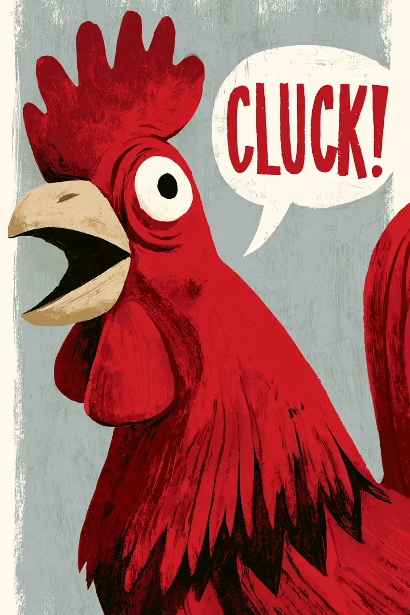 Illustration of a red rooster crowing with the word Cluck