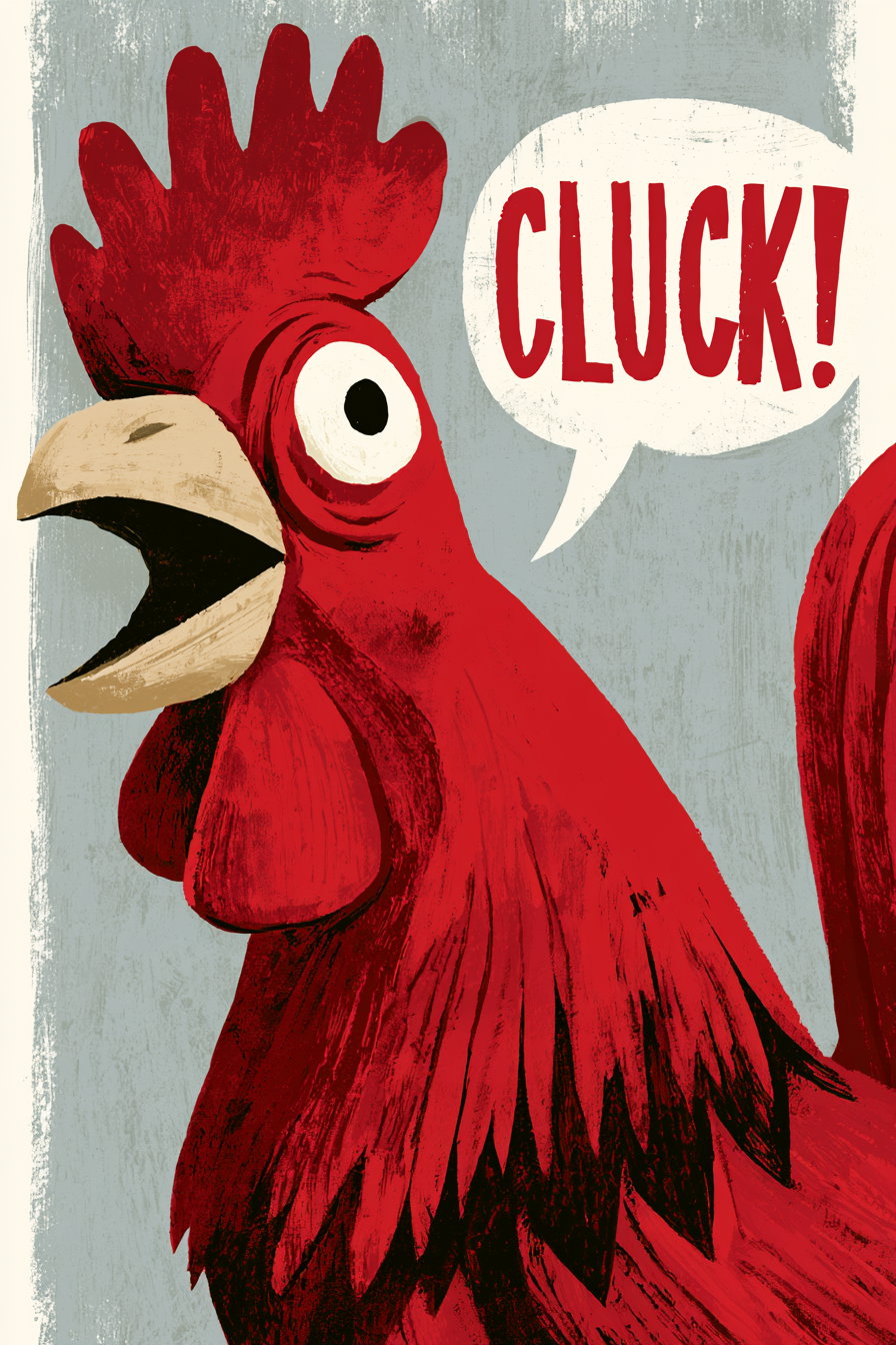Stylized red rooster with an open beak and large eyes, saying 'CLUCK!' inside a speech bubble on a textured gray background