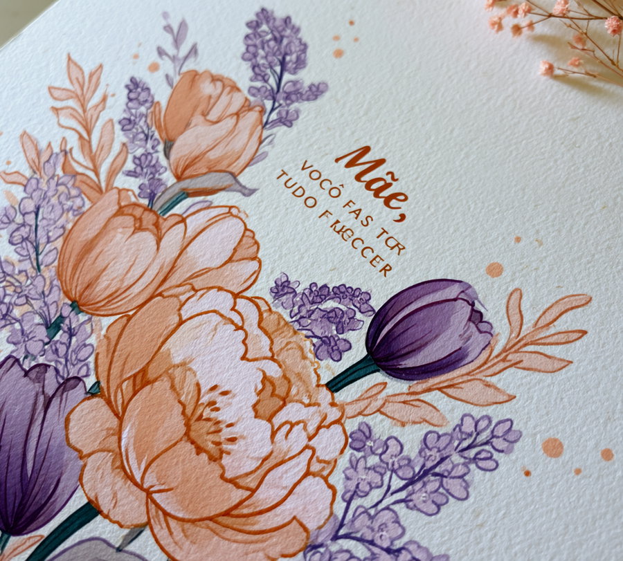 Close-up image of a botanical watercolor illustration featuring orange and purple flowers on textured paper with some dried flowers on the top right corner