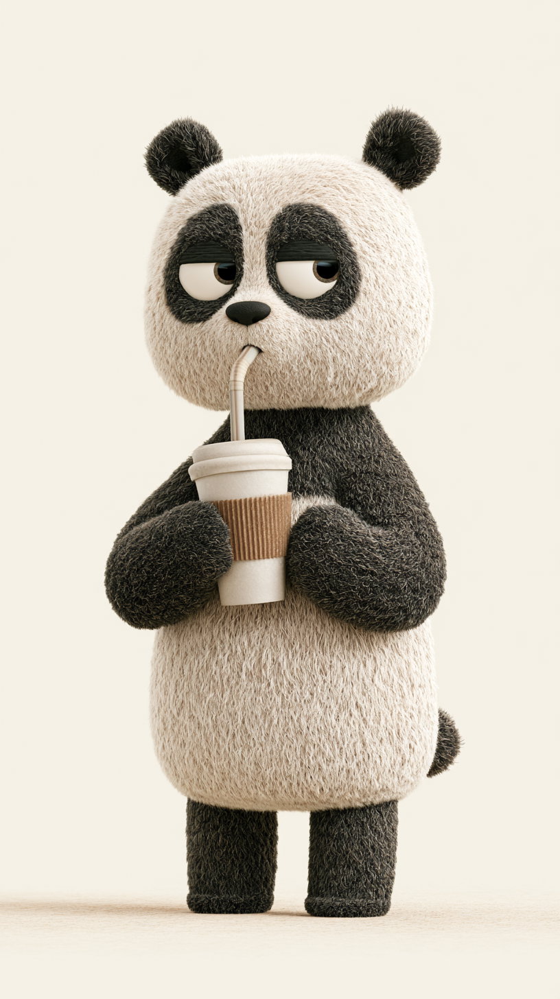 3D rendered image of a fluffy panda character holding and drinking from a cup with a straw, standing on a neutral background.