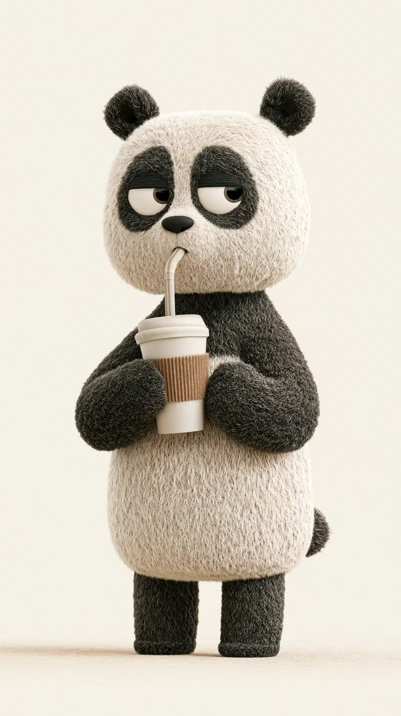 Cute 3D Character Design of a Panda Drinking from a Cup with a Straw