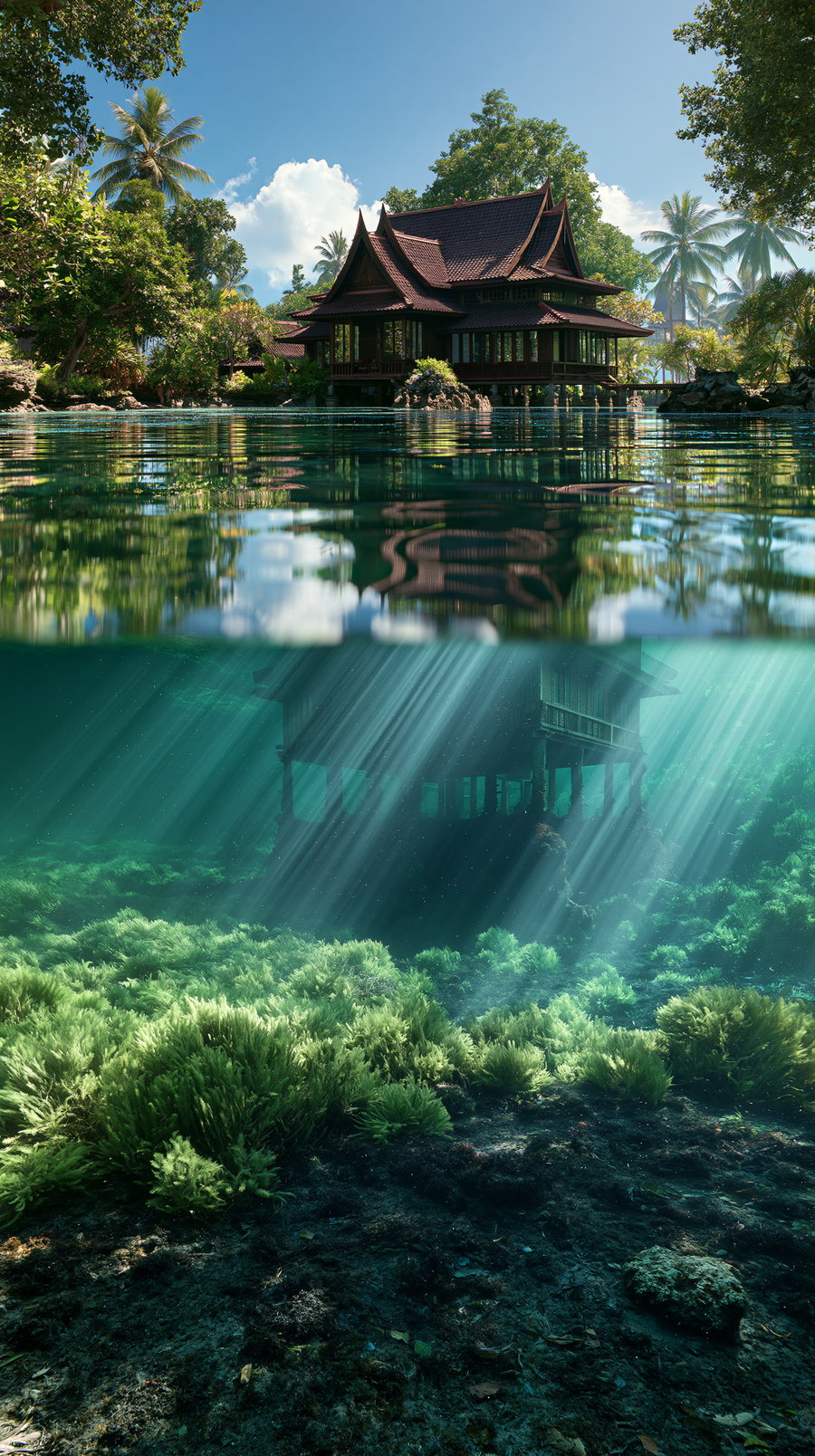 A traditional multi-tiered wooden house surrounded by tropical trees and water, with an underwater view showing the house on stilts and underwater plants illuminated by sun rays.