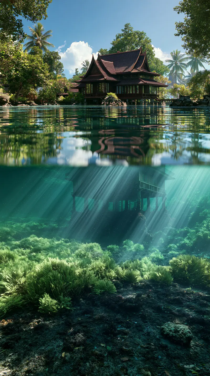 Stunning architectural visualization of traditional house with underwater view