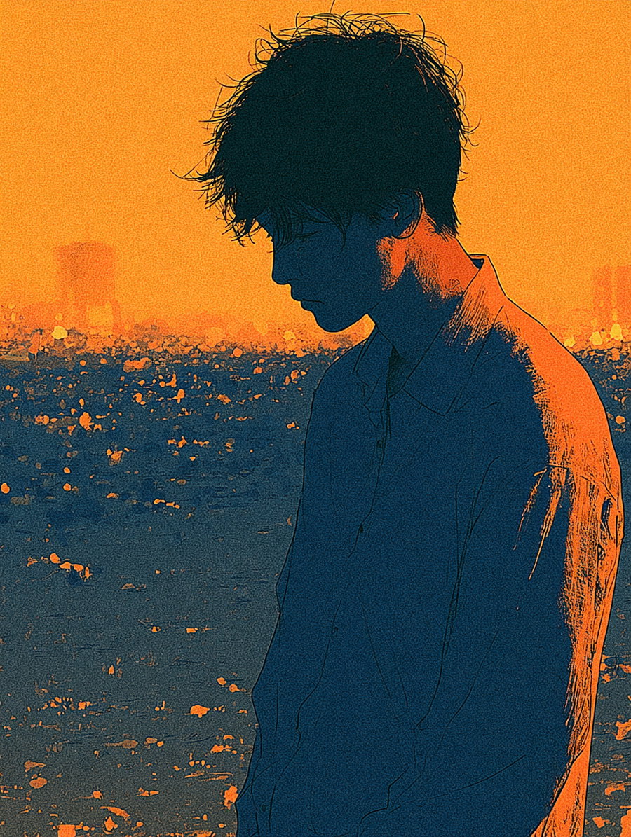 Artistic portrait of a young man in profile with stylized orange and dark blue shading against an abstract background