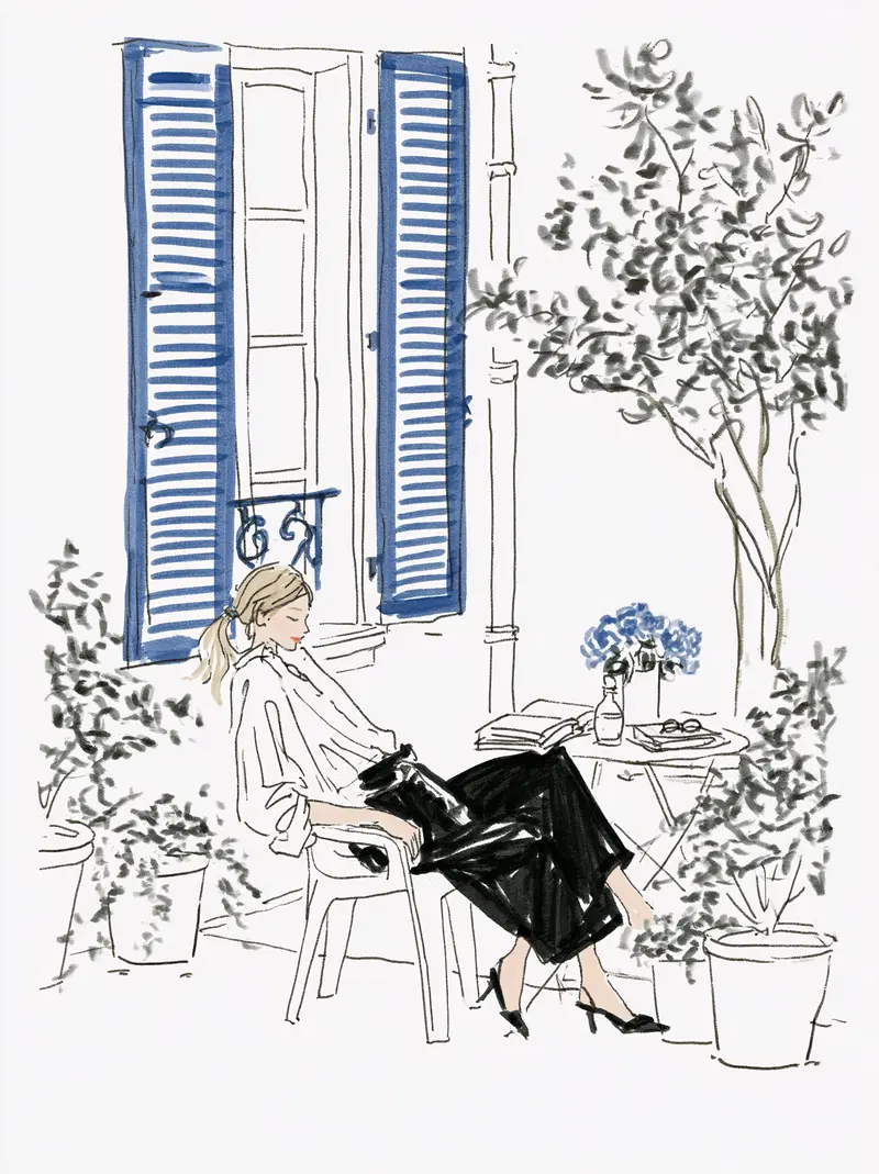 Fashion illustration of woman relaxing near house with blue shutters and potted plants