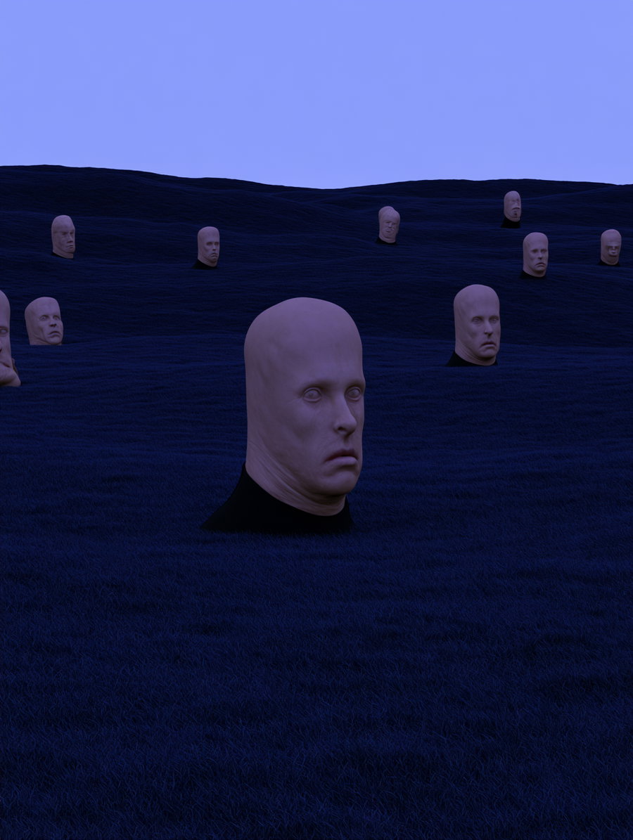 Multiple realistic human heads with neutral expressions emerging from a dark blue textured ground under a clear blue sky