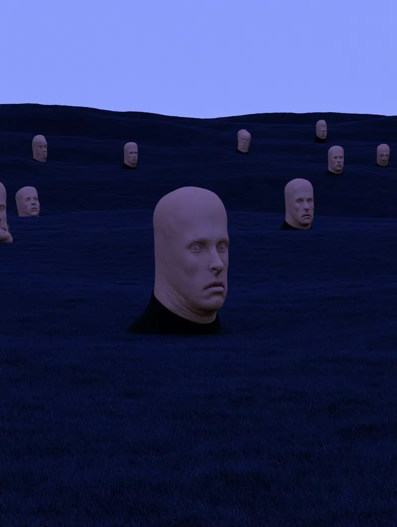 Surreal sculpture art of human heads emerging from a dark blue textured surface