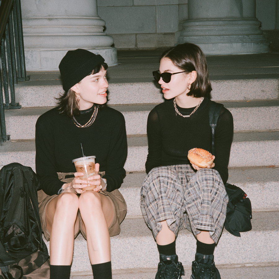 Two women sitting on stone steps, both wearing black tops and accessories; one holds a plastic cup with a straw while the other holds a pastry