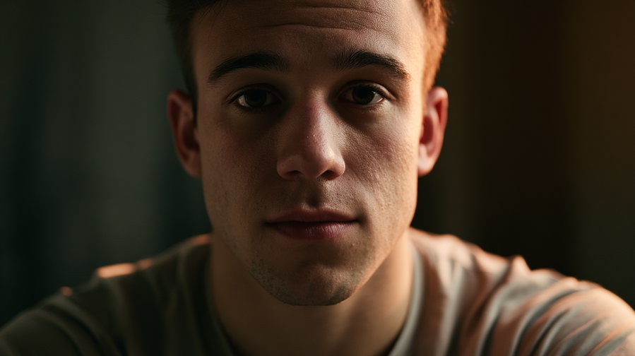 Close-up photograph of a young man's face with soft shadows and highlights, showing detailed skin texture and neutral expression
