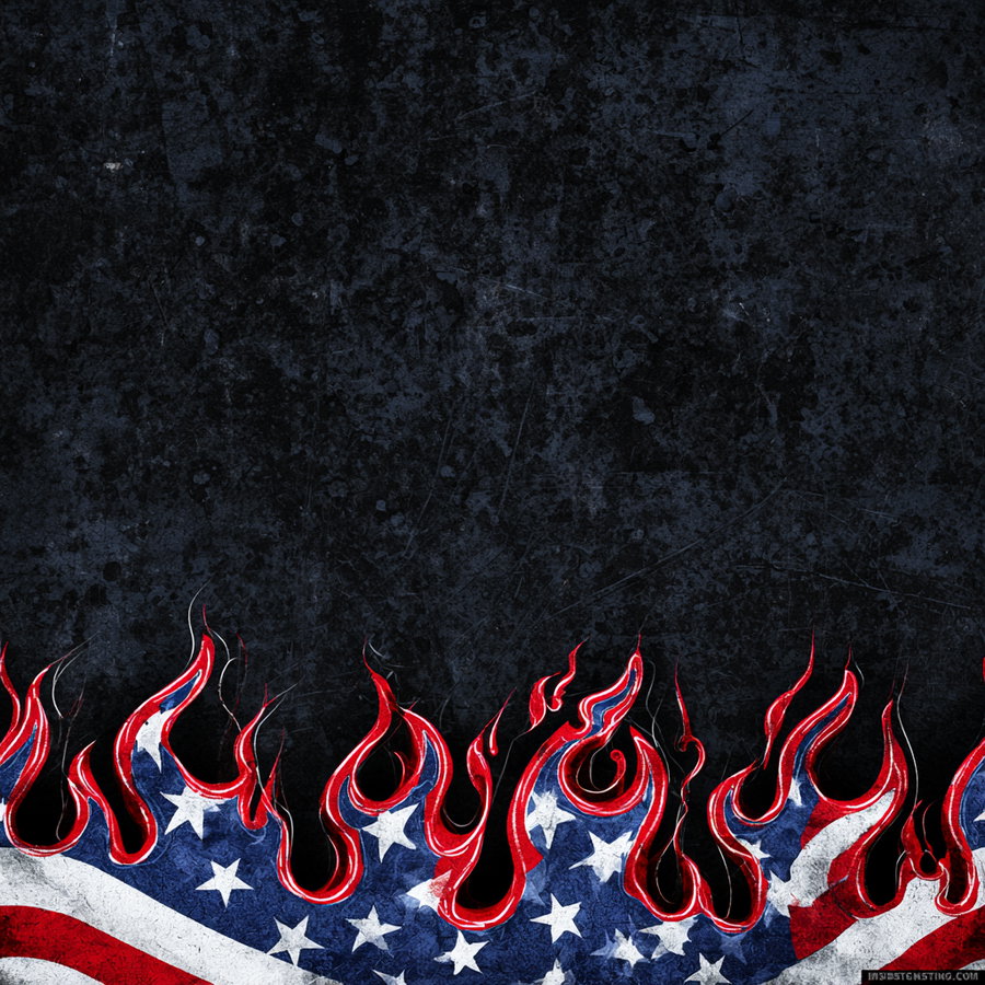 Graffiti street art image of American flag pattern with stars and stripes engulfed in stylized red flames against a dark textured background