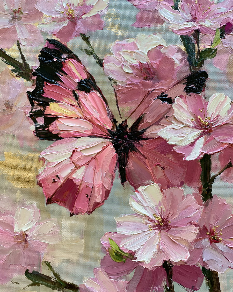 Close-up oil painting showing a pink butterfly resting on pink and white cherry blossom flowers with visible brush strokes and textured paint