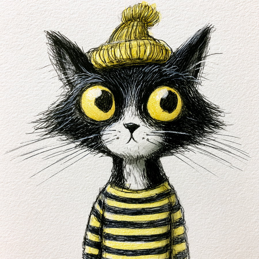 Illustration of a black and white cat with large yellow eyes wearing a yellow striped sweater and a yellow knitted hat with a pom-pom