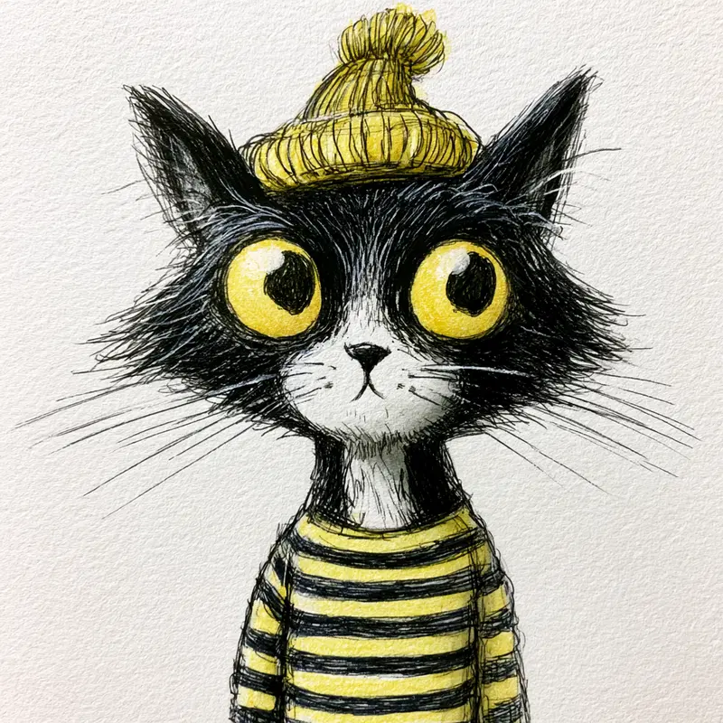Whimsical illustration of a black cat wearing a yellow striped sweater and hat