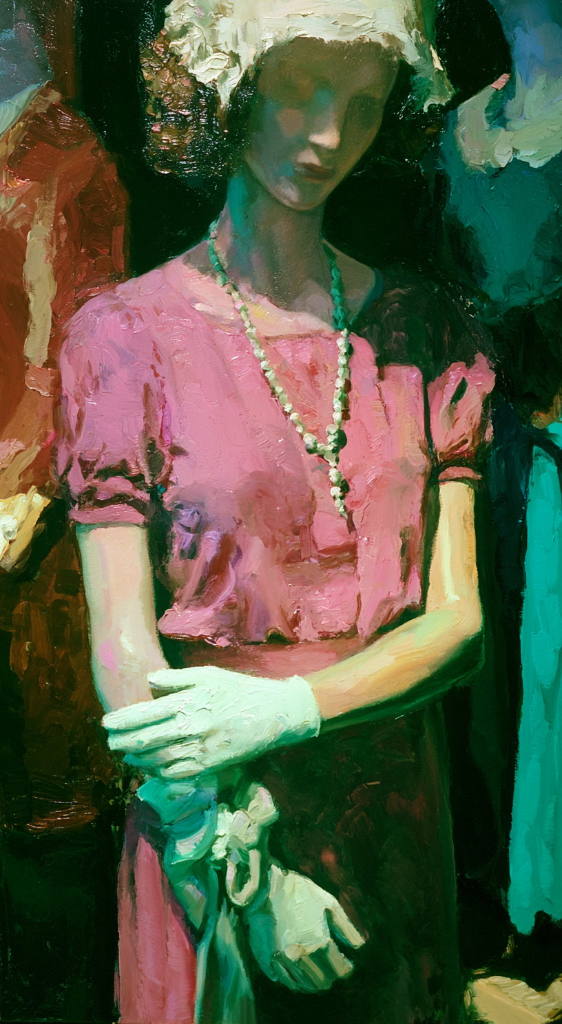 A textured painting depicting a woman wearing a pink dress, white gloves, a beaded necklace, and a light-colored headscarf, set against a dark and colorful abstract background