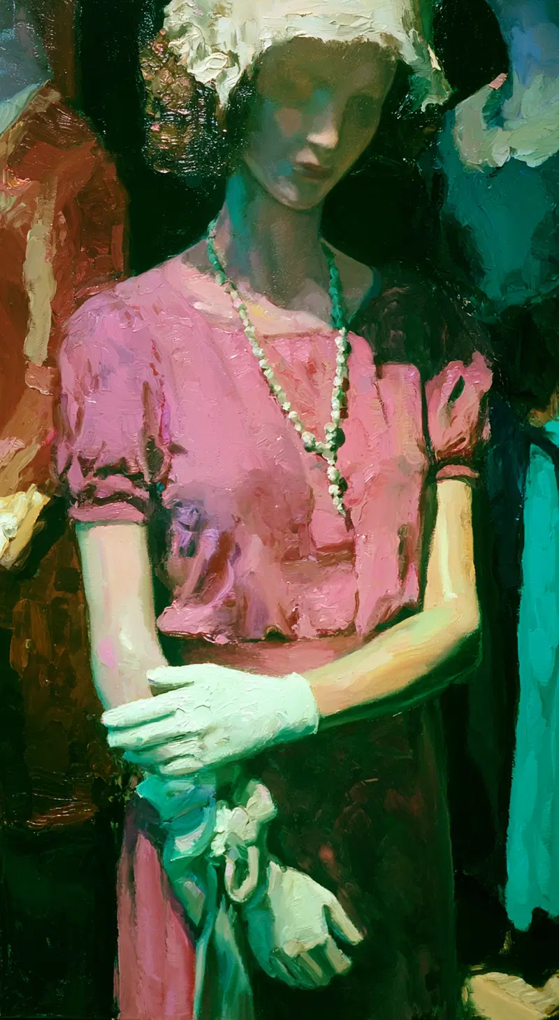 Impressionist style portrait painting of a woman in a pink dress with white gloves and a necklace