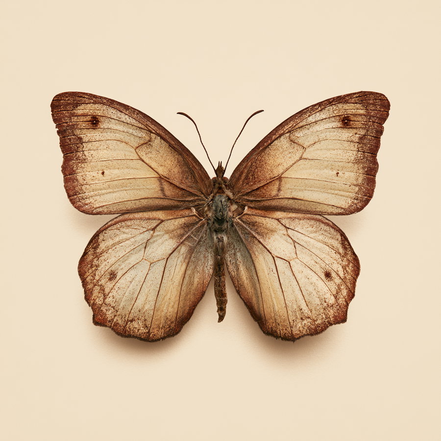 Close-up image of a butterfly with brown and beige wings spread out on a light beige background