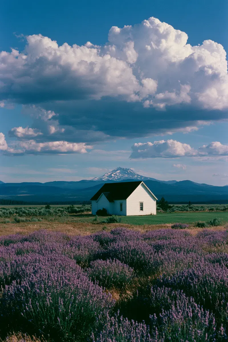 Scenic view of a white house near a lavender field with mountain and sky