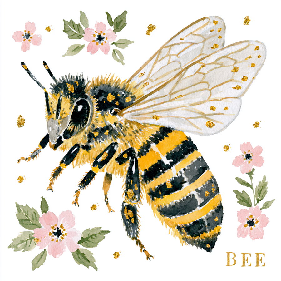 Watercolor painting of a bee surrounded by pink flowers and green leaves with gold specks and the word BEE on white background