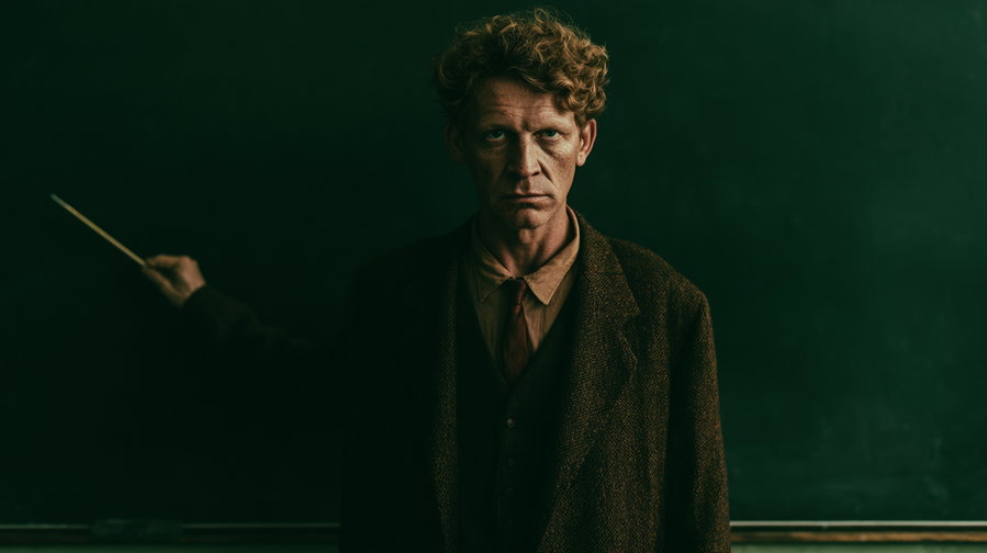A serious-looking man with curly hair wearing a brown coat, beige shirt, and red tie stands in front of a dark green background, holding a pointing stick in his right hand.