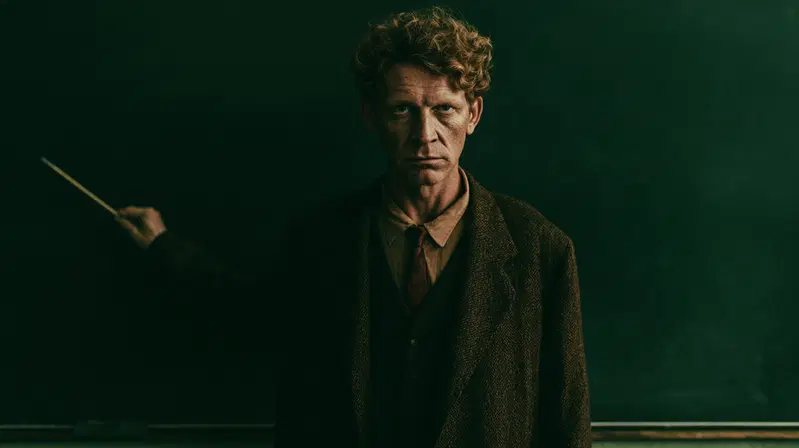Dramatic portrait of a man in vintage attire standing against a dark backdrop