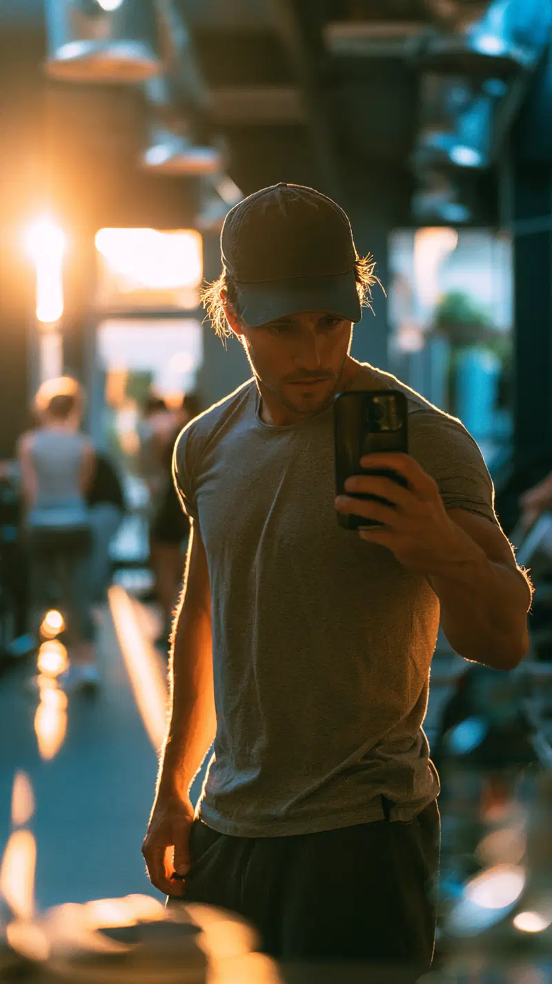 Artistic portrait of a man in a cap taking a gym selfie with warm sunlight