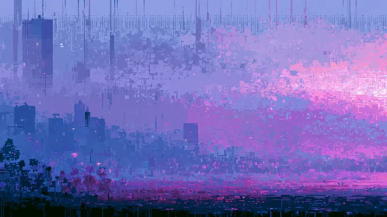 Pixelated cityscape at sunset with purple and pink hues