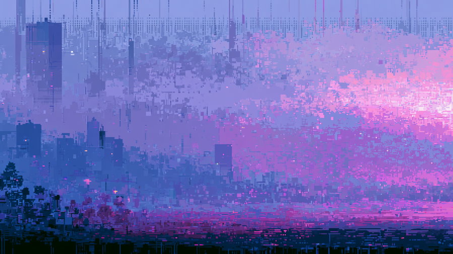 A pixel art style image of a city skyline at sunset with tall buildings in shades of blue and purple and a pink-purple sky