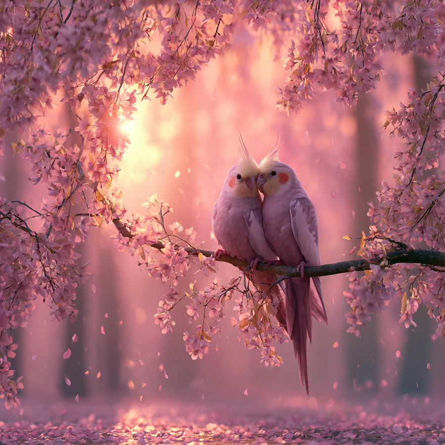 Two cockatiel birds with pale feathers and orange cheeks sitting close together on a cherry blossom branch surrounded by pink flowers and petals falling, with warm sunlight in the background