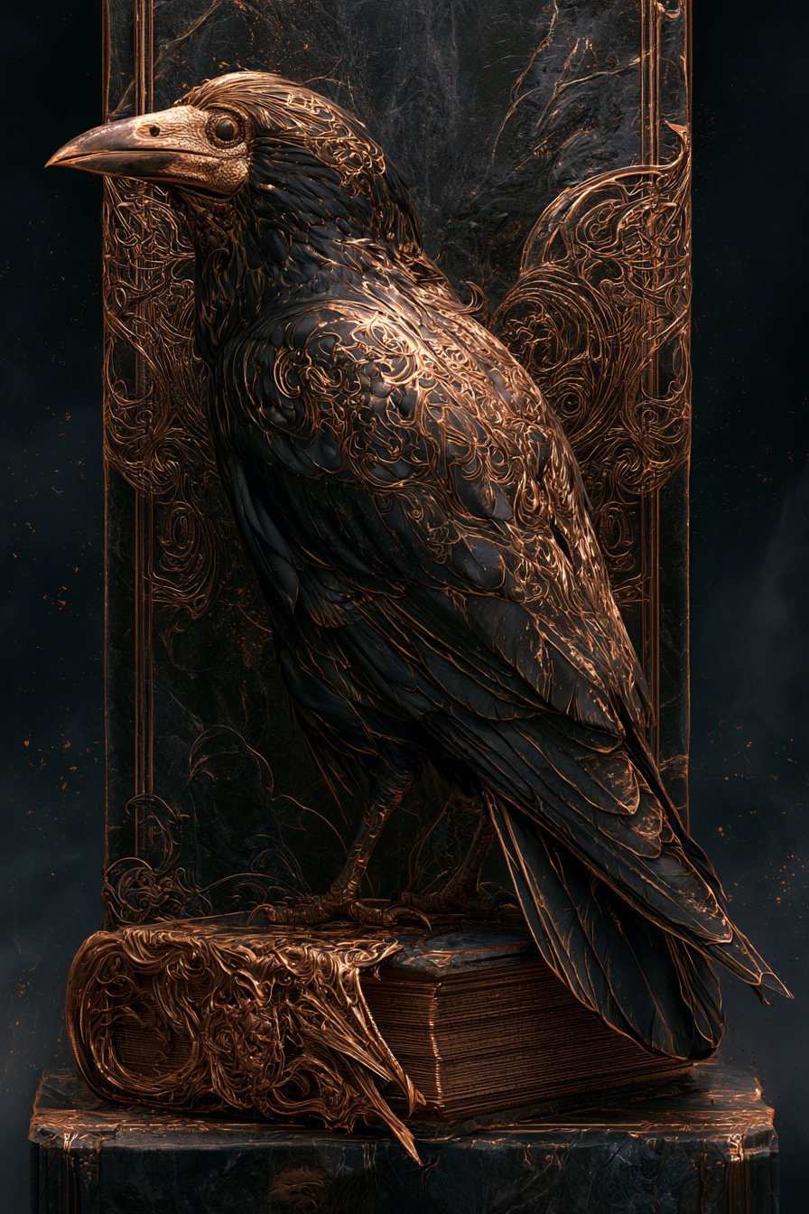 Dark sculpture of a raven detailed with intricate gold carvings, standing on a similarly ornate carved book and pedestal with dark background