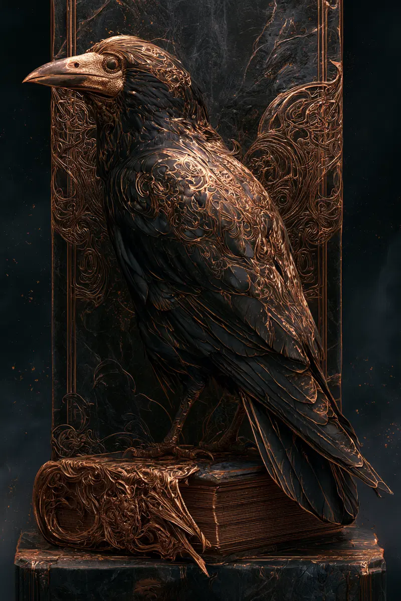 Intricate sculpture of a raven perched on an ornately carved book stand