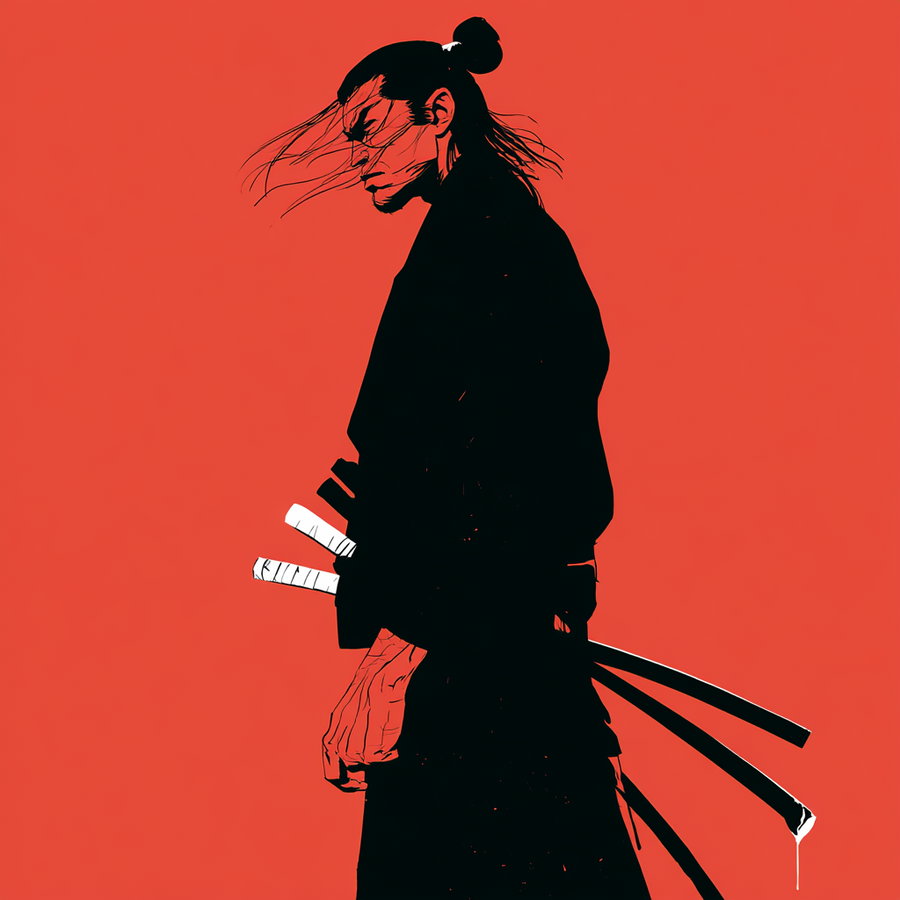 Stylized black silhouette of a samurai with two katana swords wrapped in white handles against a solid red background