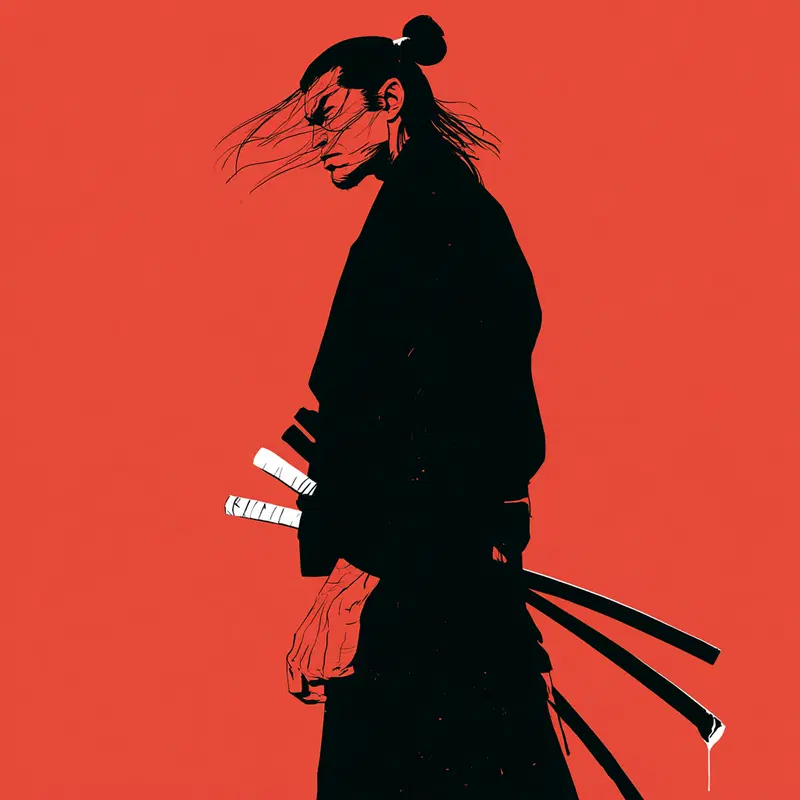 Minimalist silhouette of a samurai holding two swords on red background
