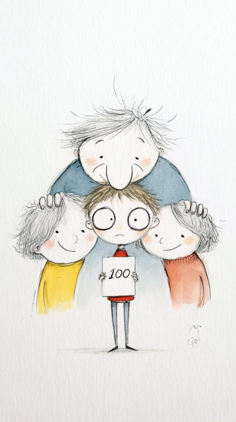 A hand-drawn whimsical illustration of three smiling children and one child with wide eyes holding a paper with the number 100, all with rosy cheeks and simple clothing