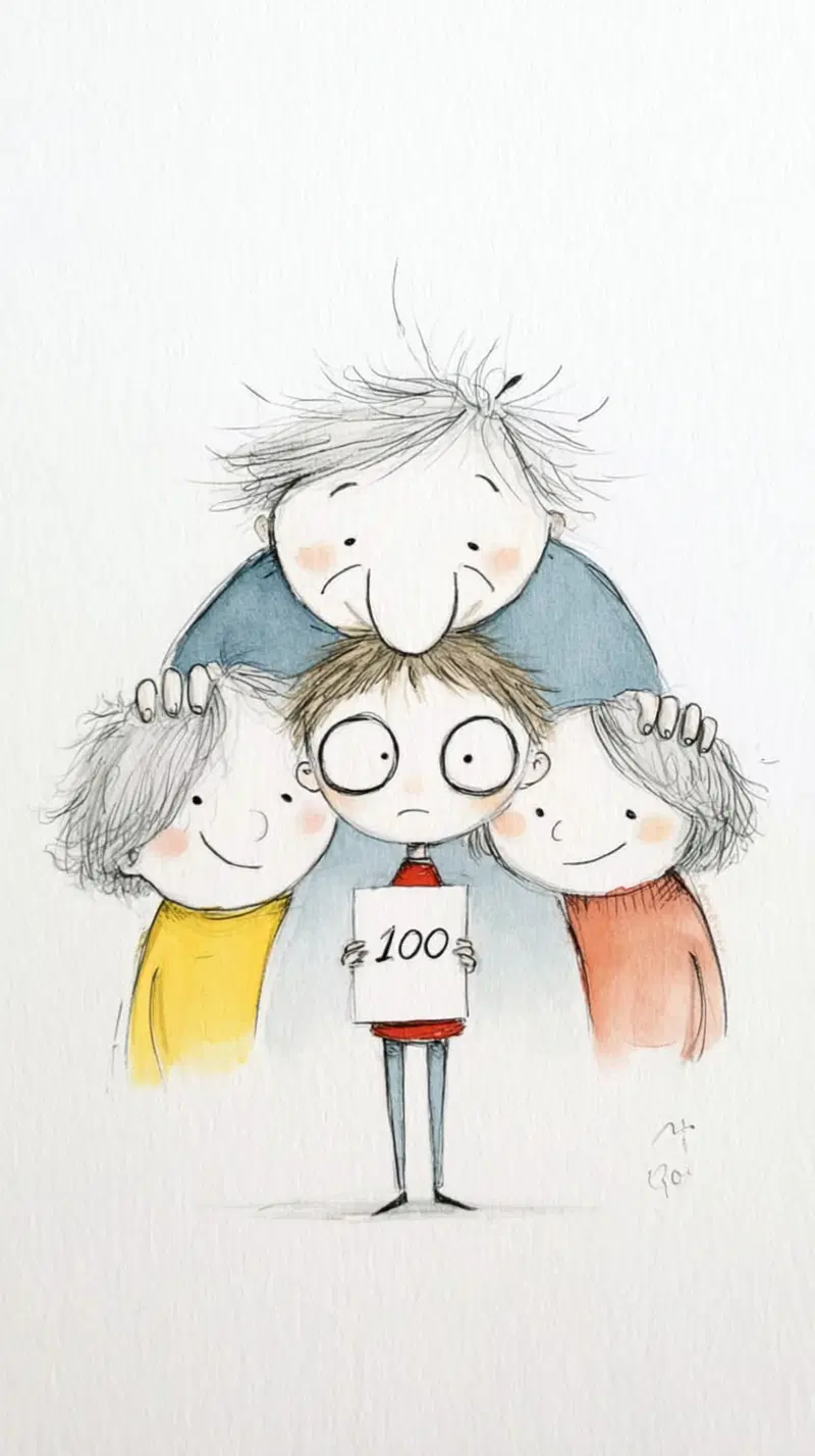 Whimsical children s book illustration with quirky characters holding 100 sign