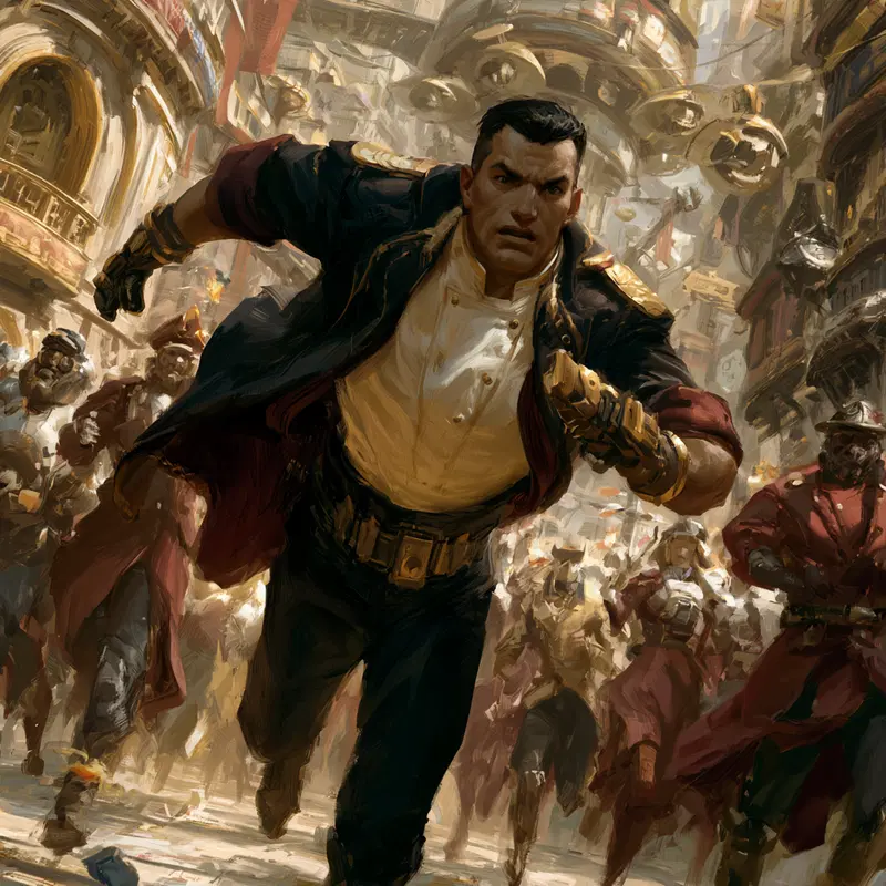 Dynamic concept art of a determined man running through a bustling fantasy city