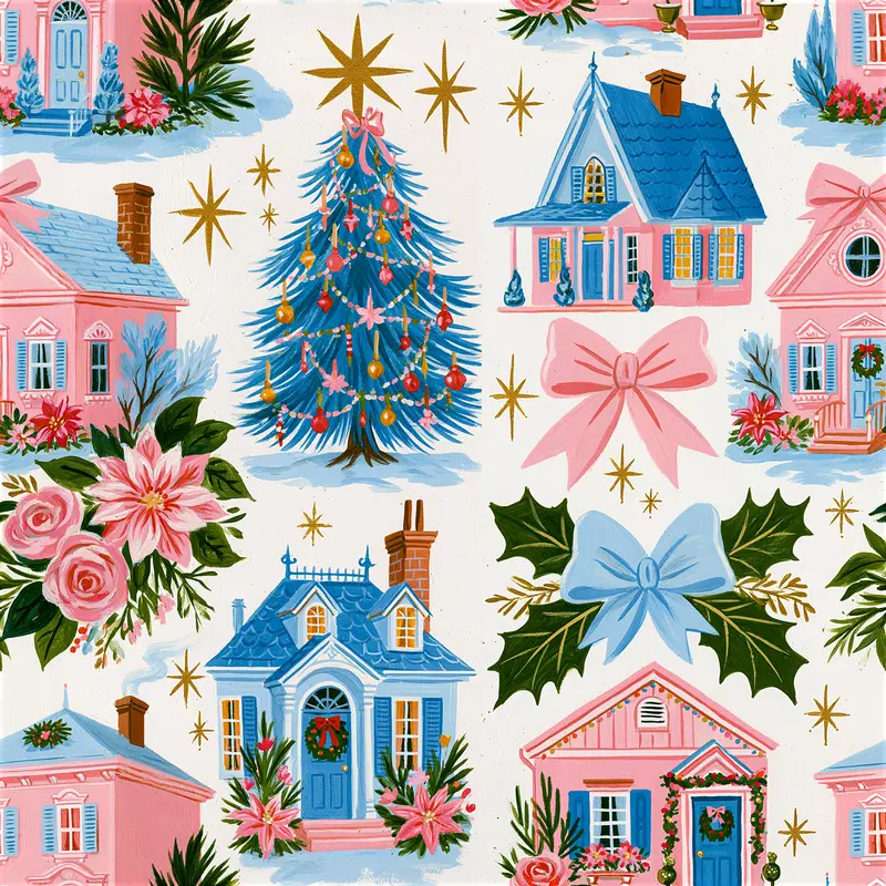 Festive pattern featuring cozy houses, Christmas tree, and holiday bows