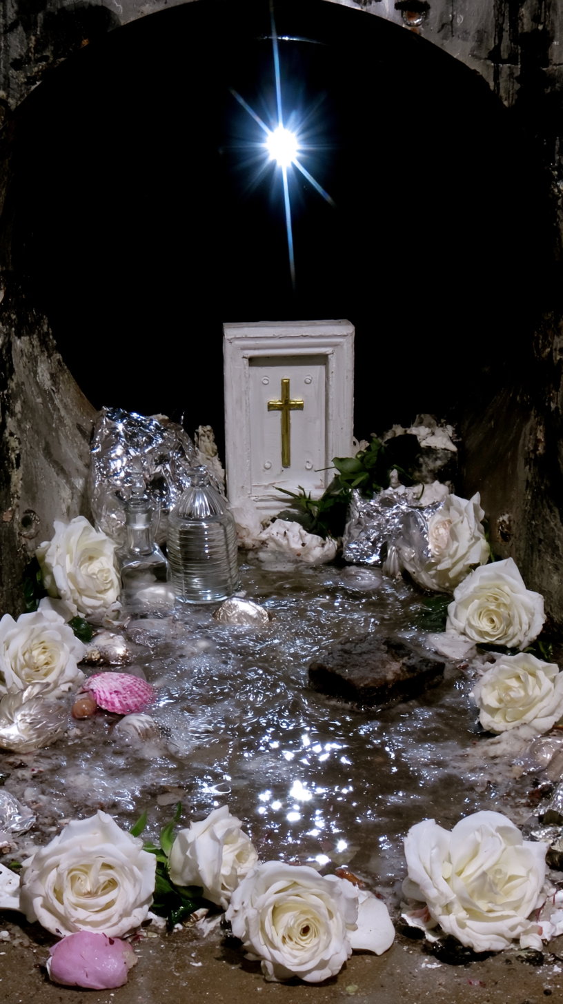 An art installation with white roses arranged around a wet reflective surface, seashells, foil, a small glass bottle, and a white panel with a golden cross, set inside a dark circular enclosure with a bright light source at the top center.