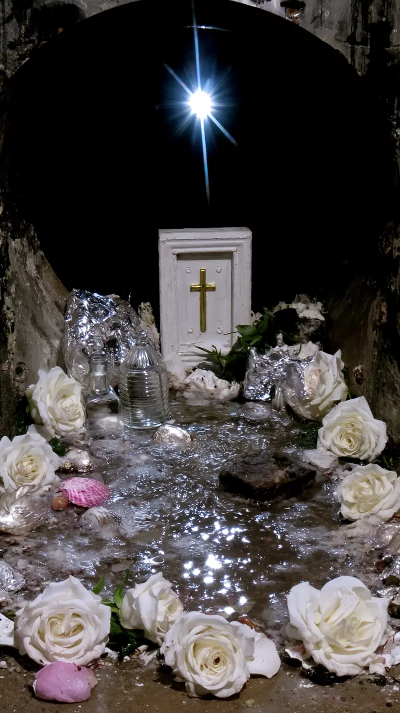 Art installation featuring white roses, shells, and religious motifs with reflective surfaces