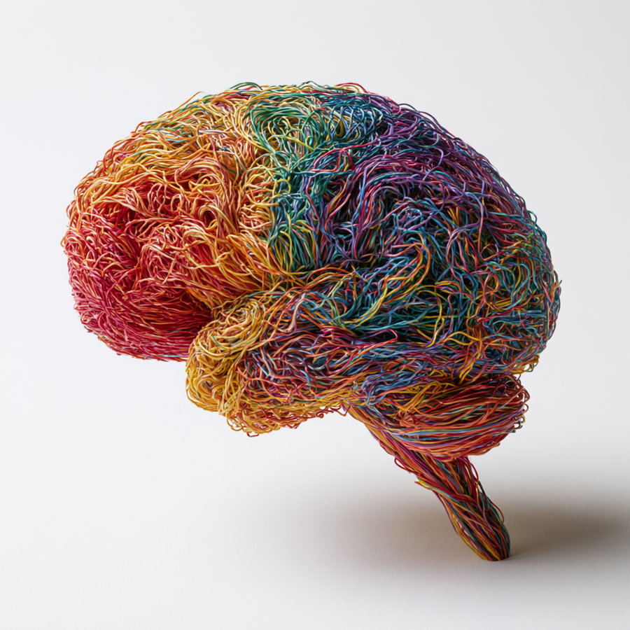 Three-dimensional abstract art sculpture made of intertwined colorful wires shaped like a human brain on a white background