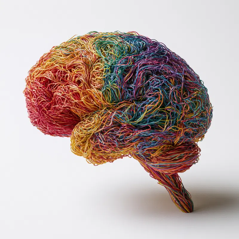 Abstract colorful wire sculpture resembling a human brain in profile