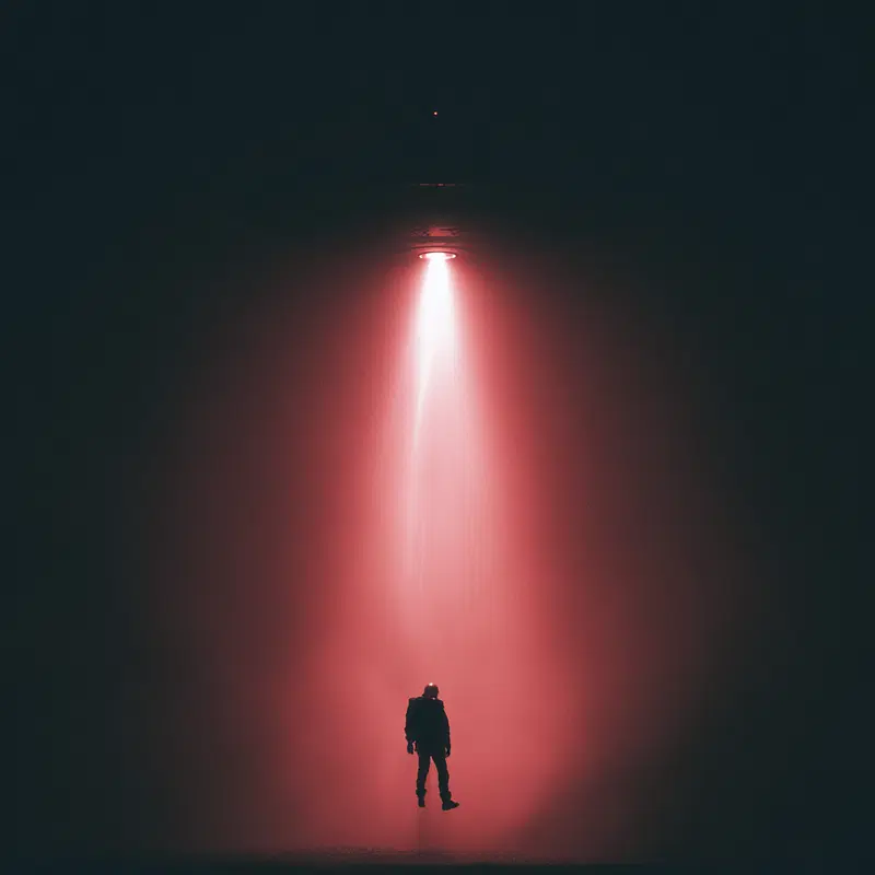 Surreal image of a person being lifted by a red light beam in darkness
