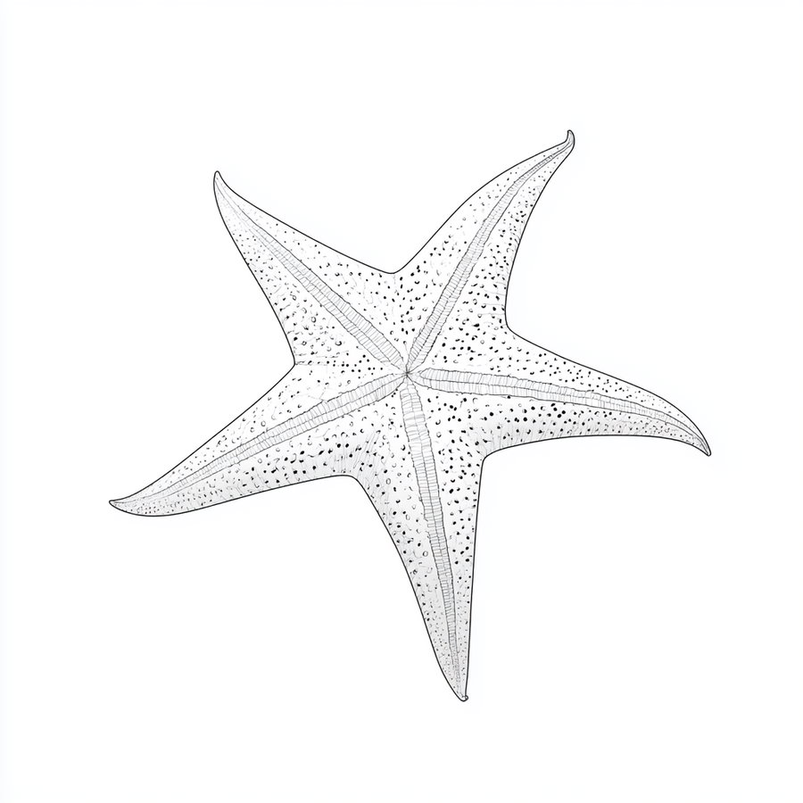 black and white ink illustration of a starfish showing detailed textured patterns and lines on each arm