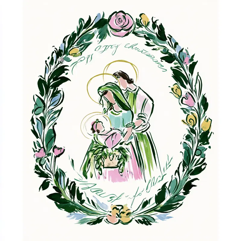 Hand Painted Christmas Nativity Scene with Floral Wreath Border