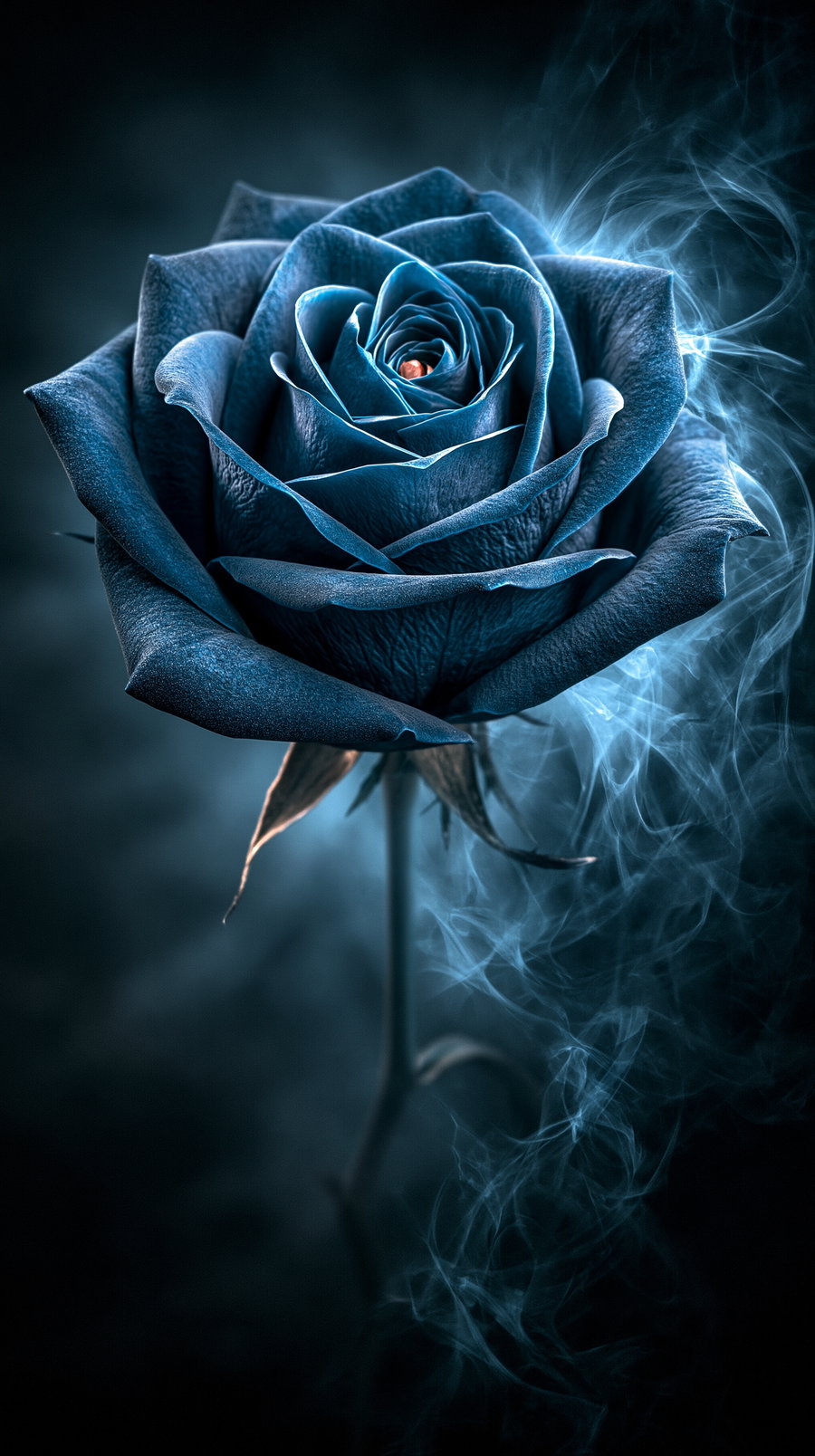 Close-up of a blue rose in bloom with intricate petal details and mist swirling around it on a dark background