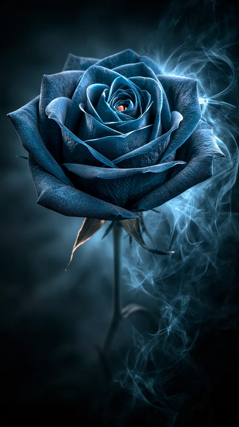 High detail botanical illustration of a blue rose with misty background