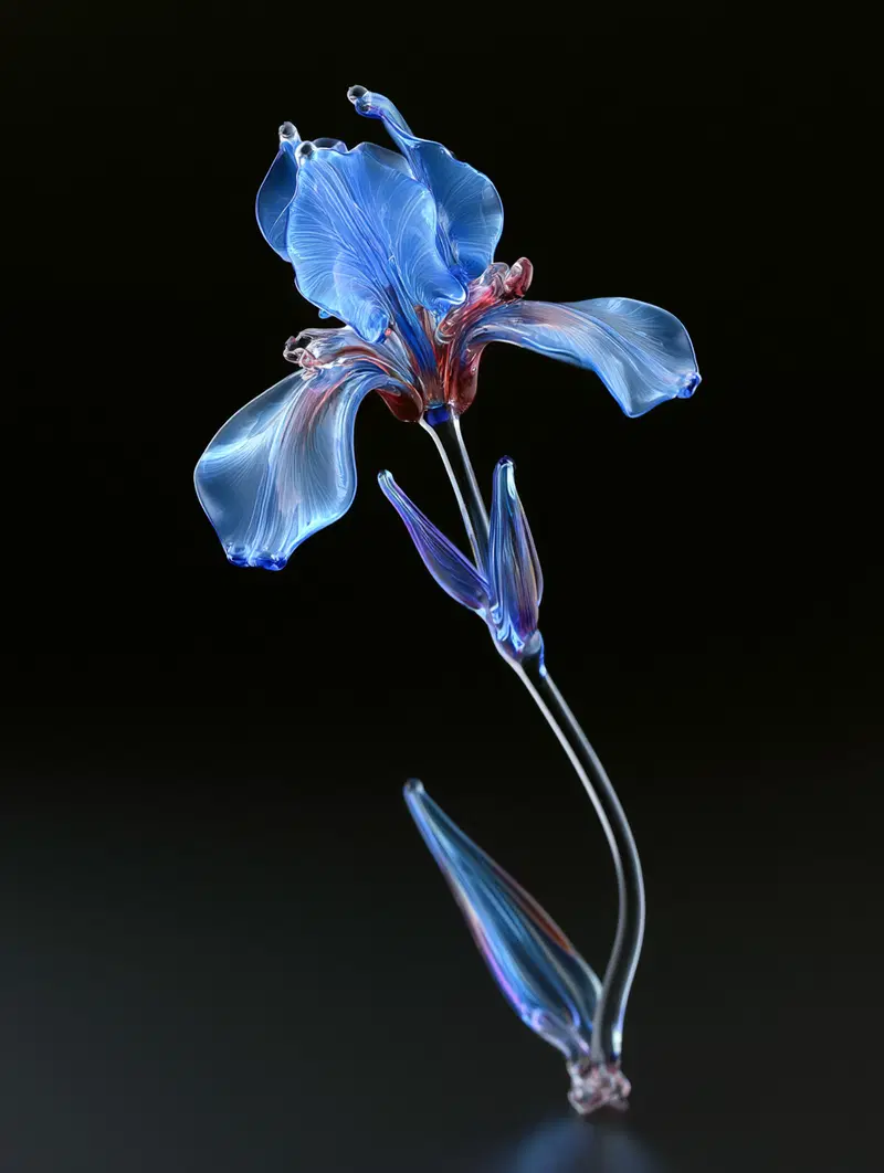 Delicate translucent blue and purple glass flower botanical art