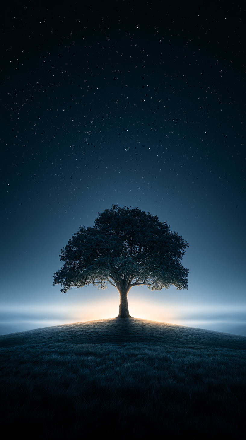A lone tree standing on a grassy hill with glowing light behind it under a clear star-filled night sky