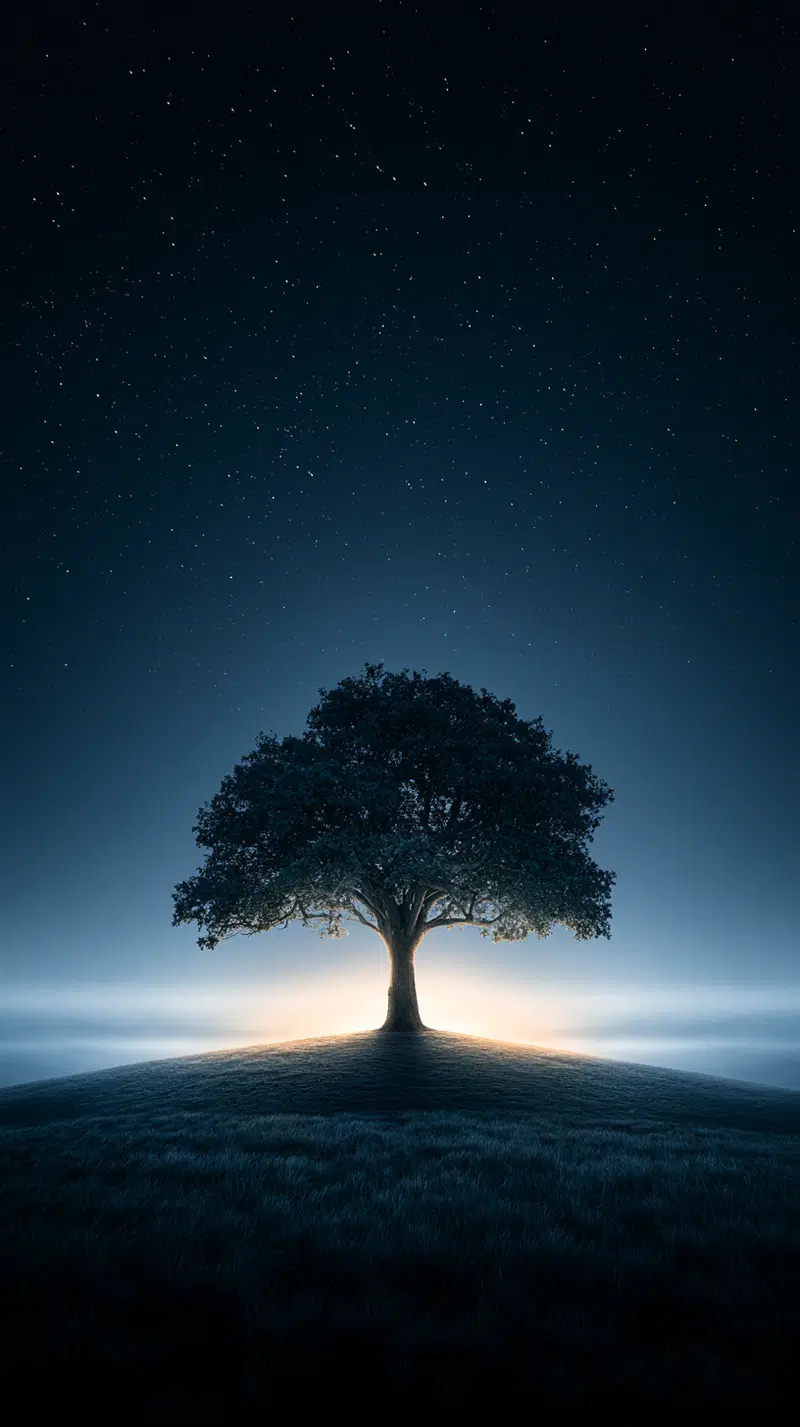 Solitary tree illuminated against a starry night sky on a hill