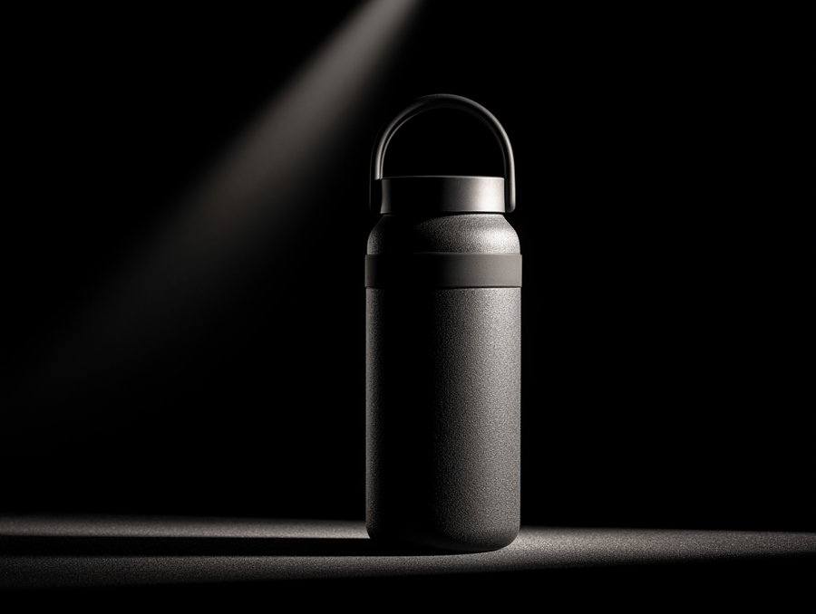 A single textured black metal water bottle with a handle on top stands on a dark surface, highlighted by a spotlight from above against a black background
