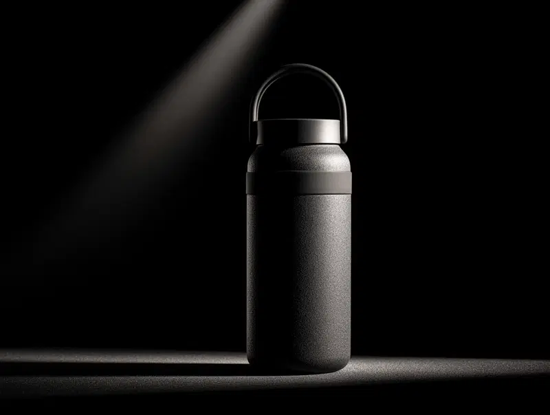 Minimalist monochrome photograph of a textured metal water bottle illuminated by dramatic lighting
